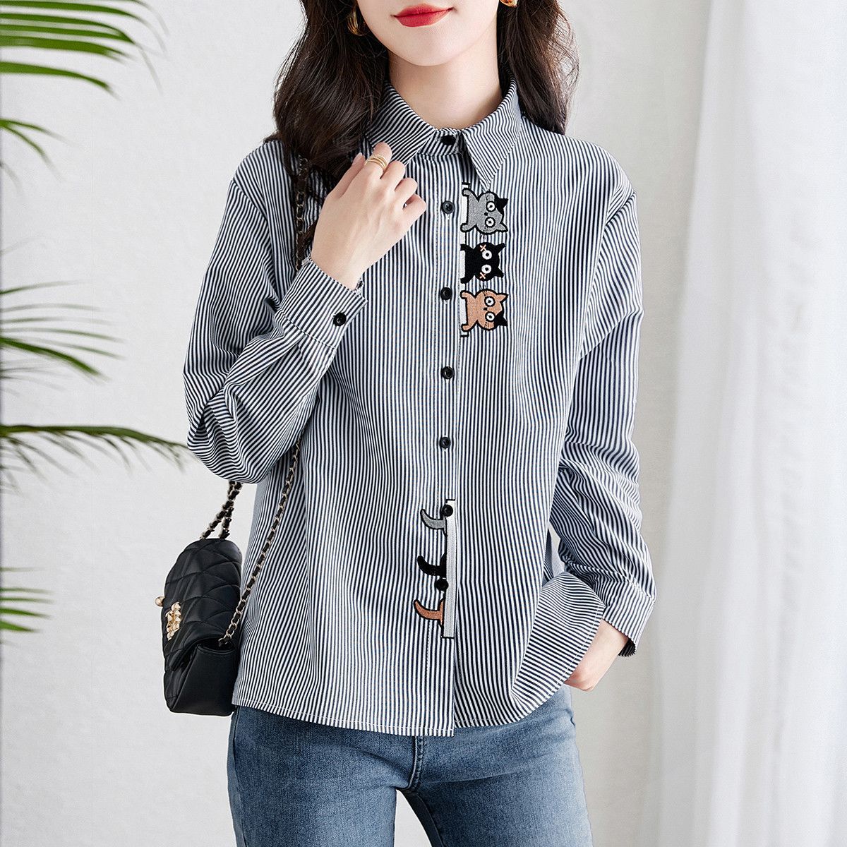 條紋翻領貓咪圖案刺繡通勤長袖氣質襯衫-lululam