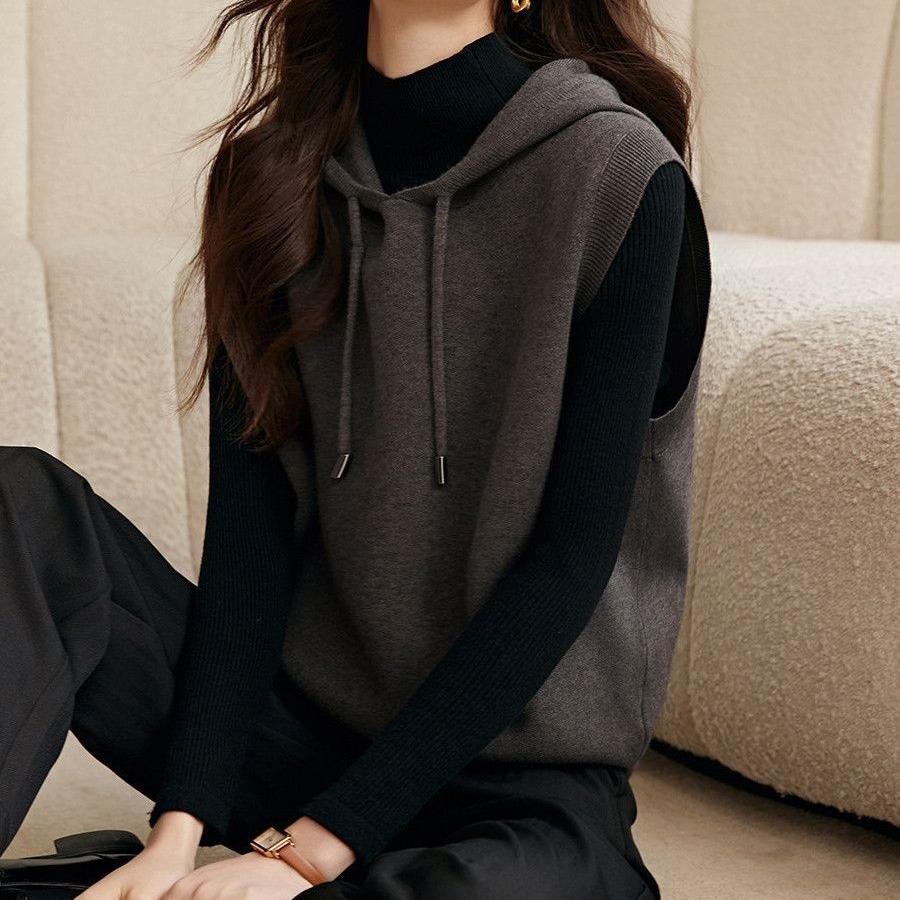 洋氣休閒經典百搭針織連帽背心馬甲-lululam