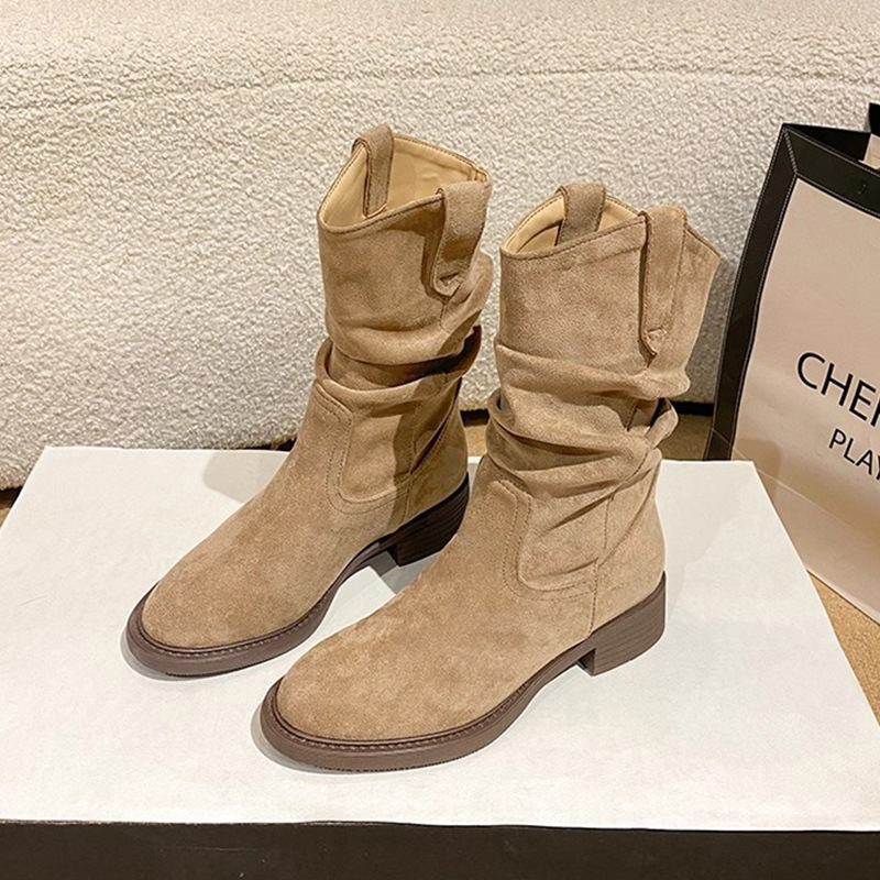 美拉德復古中筒牛仔堆堆短靴粗跟馬丁靴-lululam