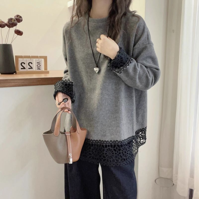 大碼雙面德絨蕾絲拼接寬鬆顯瘦長袖