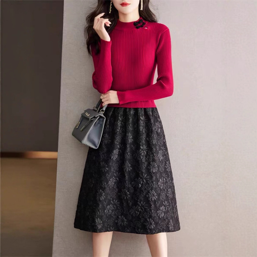 顯瘦過膝假兩件刺繡拼接針織洋裝