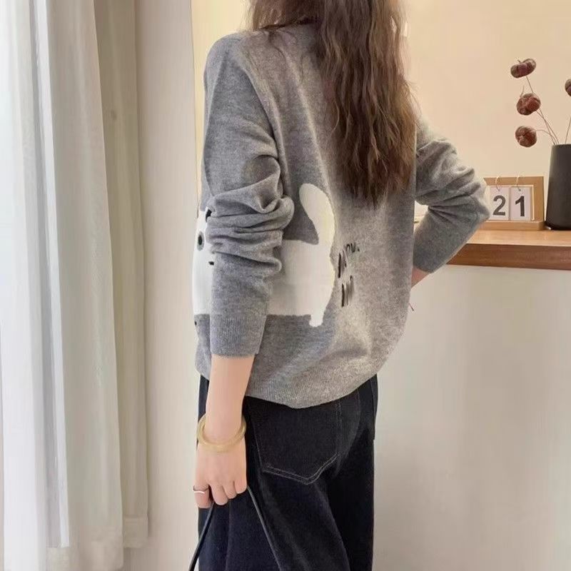 設計感圓領可愛時尚卡通刺繡針織開衫