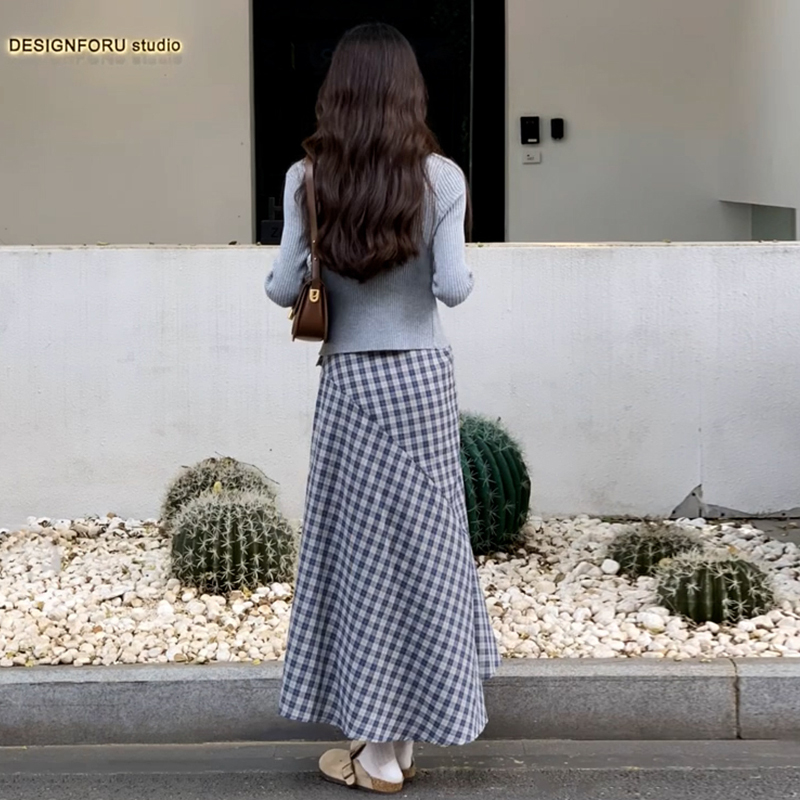 【單件/套裝】法式灰色長袖針織開衫+白色吊帶+氣質格子綁帶半身裙三件套-lululam