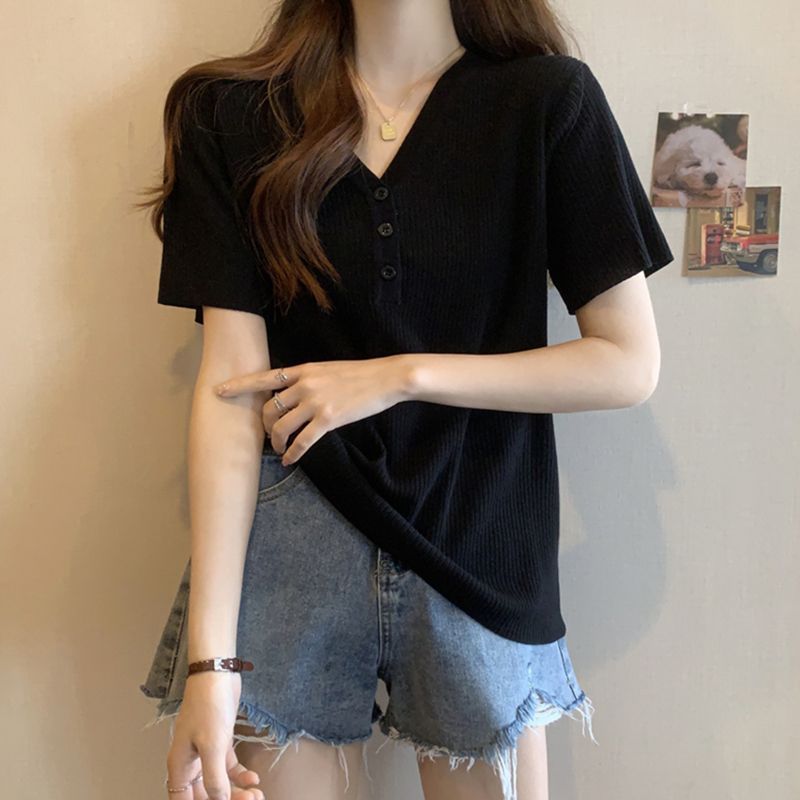 冰絲正肩寬鬆顯瘦遮肚子氣質V領短袖t恤-lululam