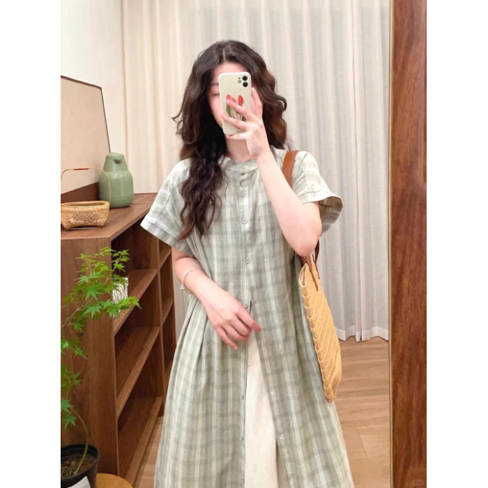 【單件】溫柔復古中長款格紋襯衫連身裙+寬鬆氣質半身裙兩件套裝-lululam