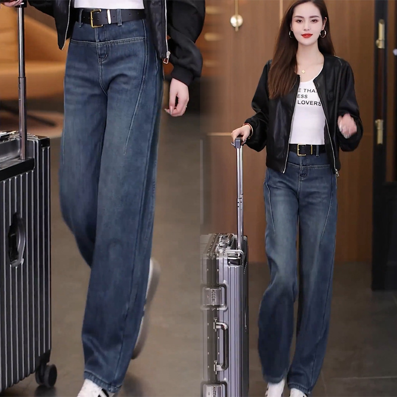 顯瘦復古高腰彎刀褲香蕉褲闊腿寬鬆牛仔褲-lululam