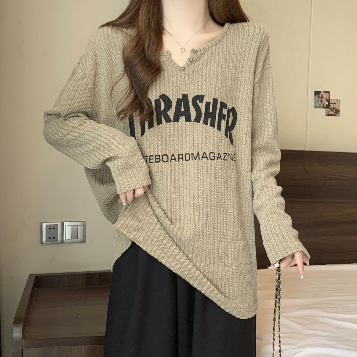 字母印花大碼寬鬆顯瘦休閒長袖T恤