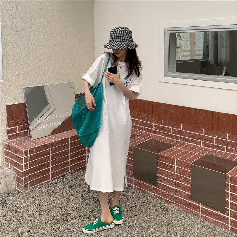 純棉bf風寬鬆休閑中長款大碼過膝連身裙-lululam