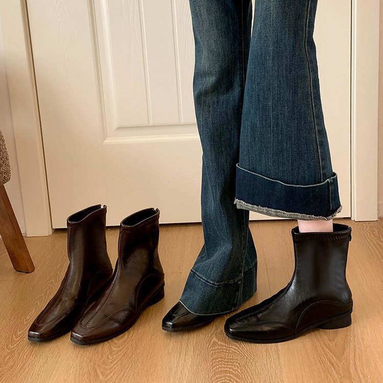 法式時尚短靴低跟平底方頭馬丁靴