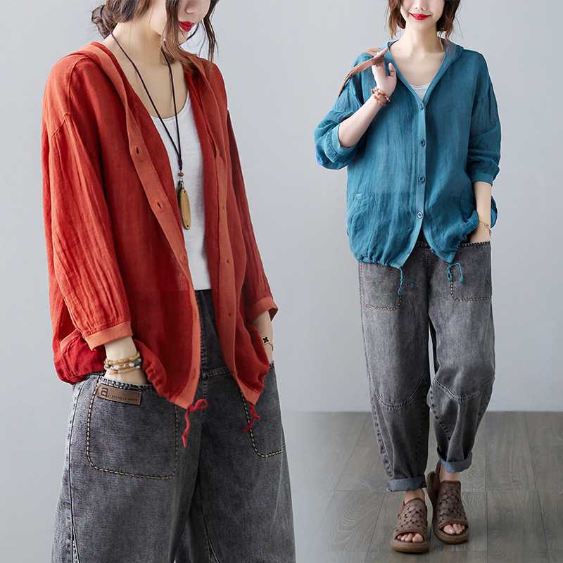 復古連帽棉麻寬鬆文藝防曬中長款空調開衫-lululam