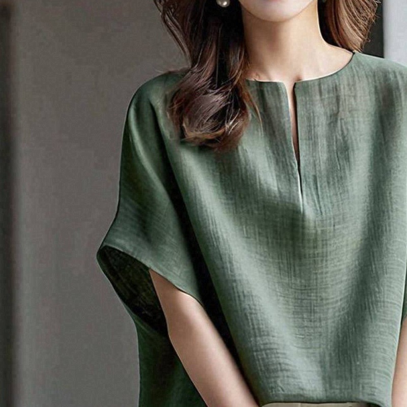 日系3色新款圓蝙蝠袖v領短袖-lululam