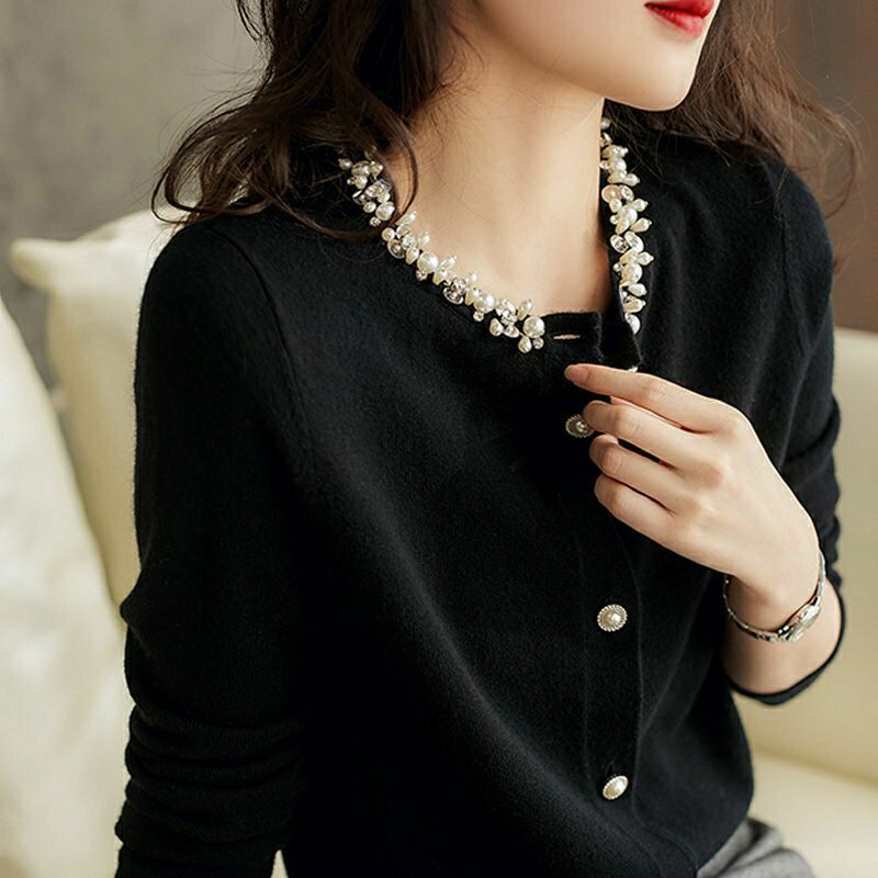 圓領釘珠寬鬆顯瘦氣質大碼針織開衫