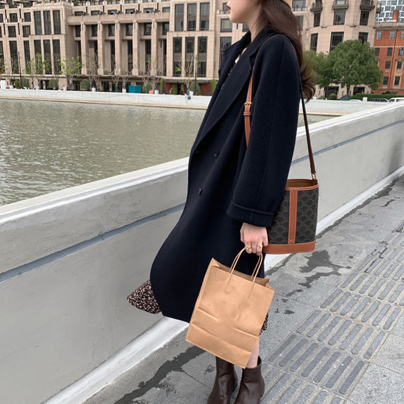 韓系中長版寬鬆高級感雙排扣仿毛呢外套