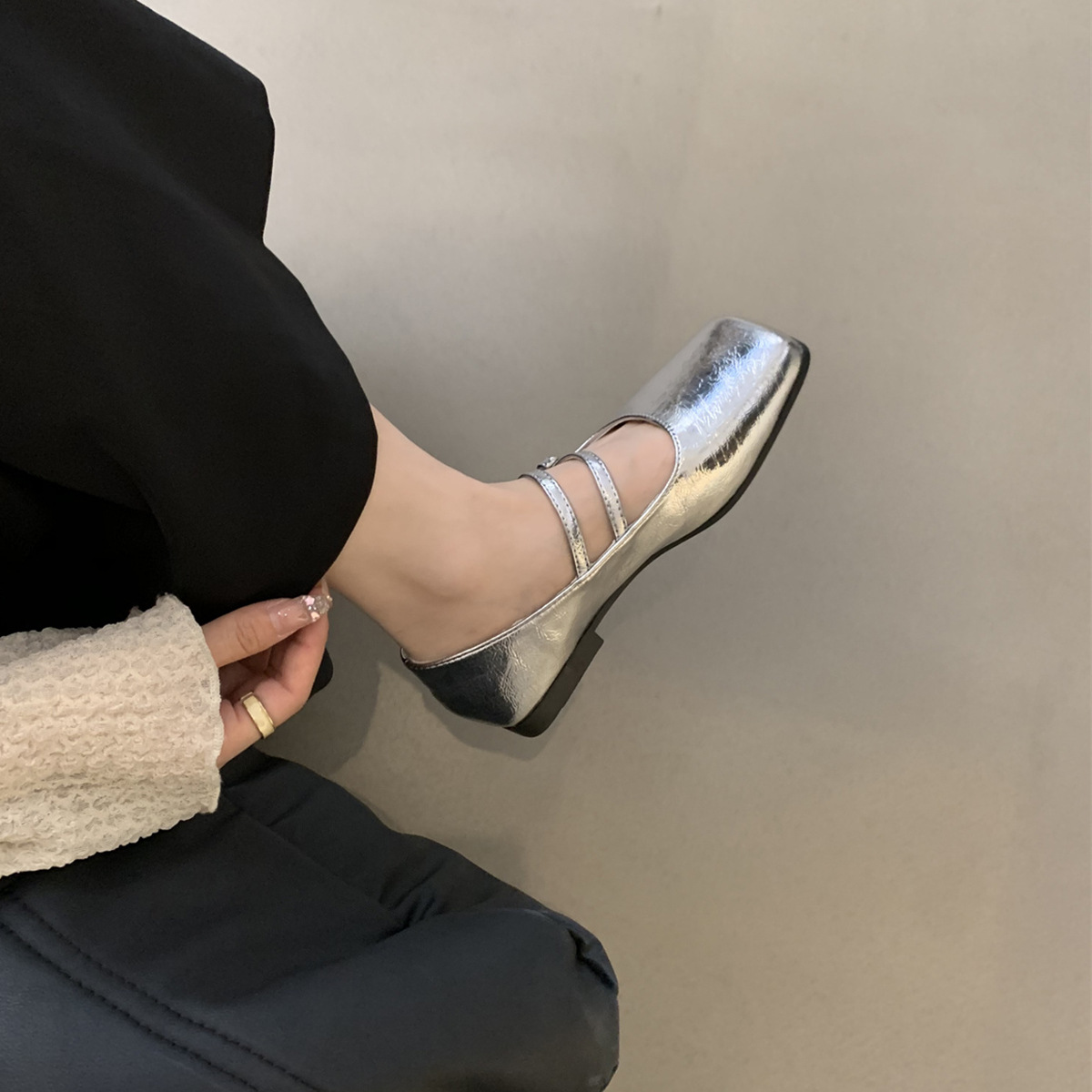 法式平底氣質通勤方頭淺口瑪麗珍單鞋