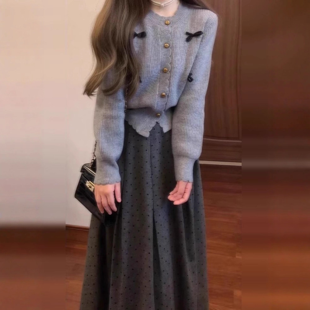 【單件/套裝】立體蝴蝶結針織開衫+波點半身裙兩件套裝