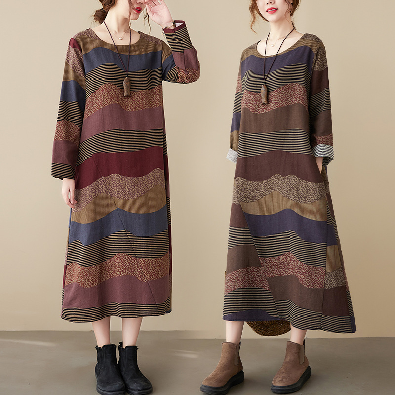 文藝洋氣復古亞麻條紋拼接棉麻洋裝-lululam