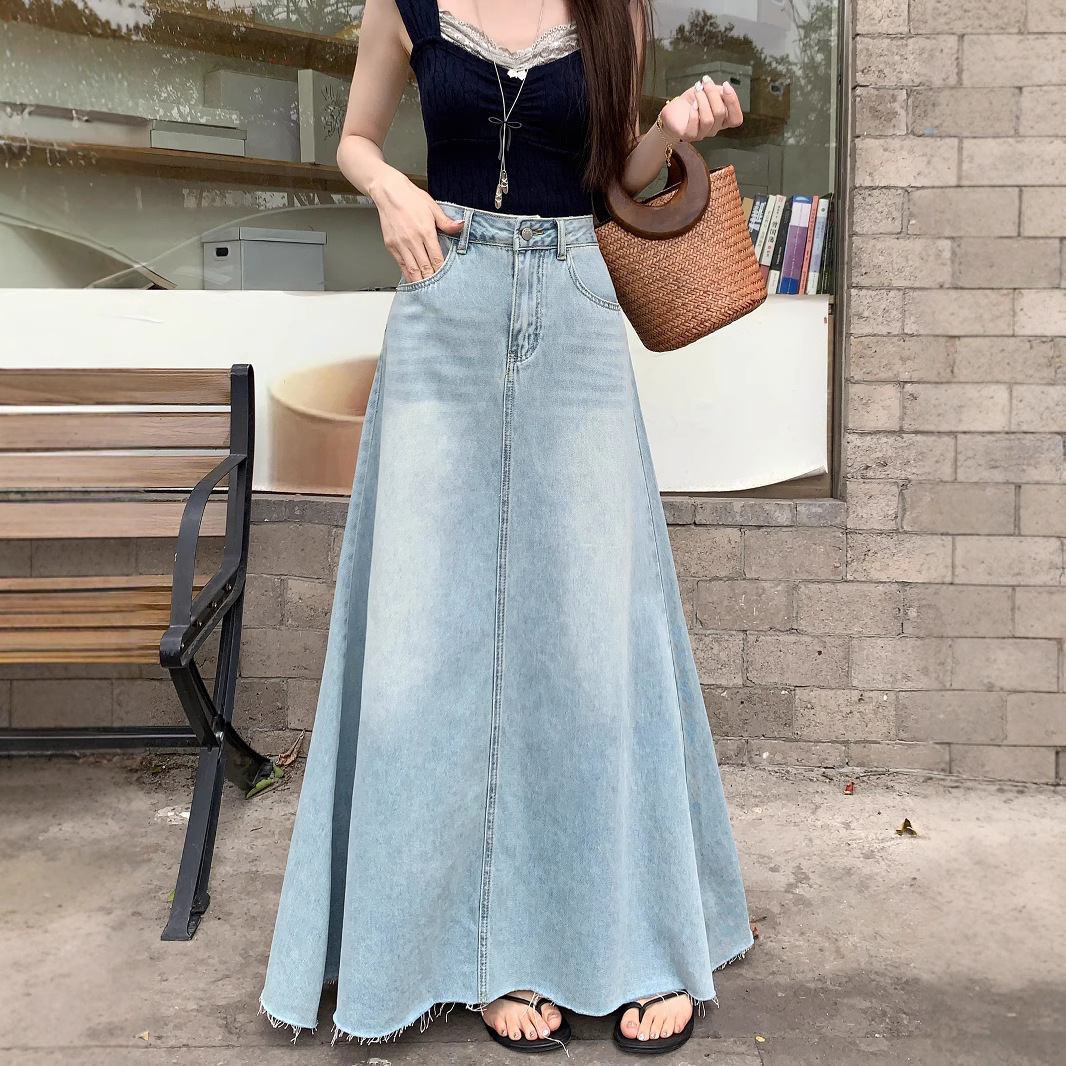 美式復古毛邊長版A字裙寬鬆顯瘦牛仔半身裙