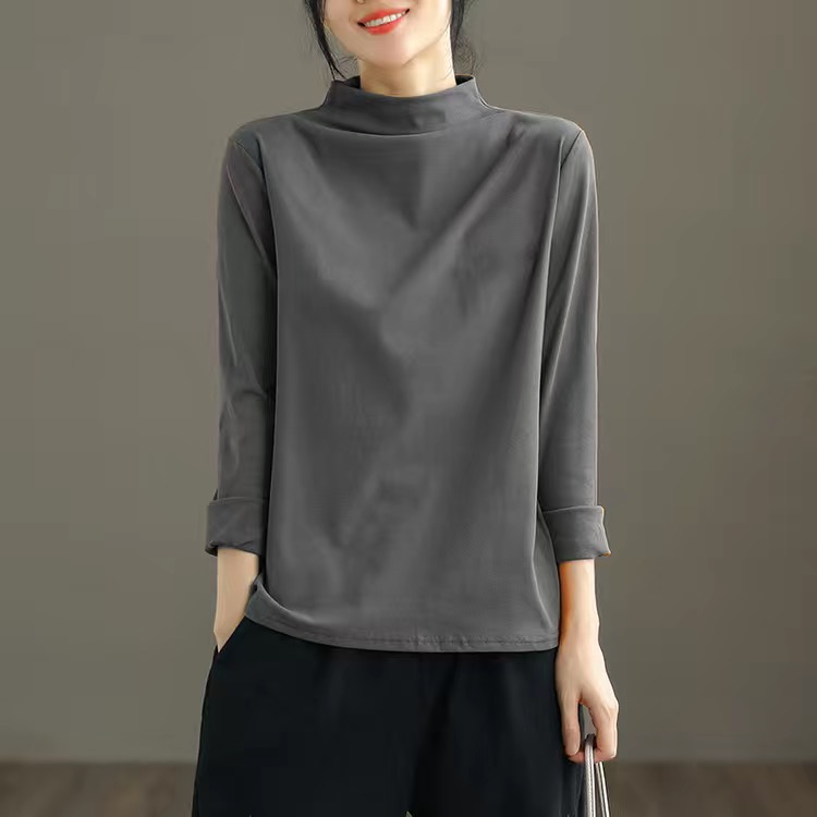 純棉半高領休閒寬鬆百搭文藝打底衫長袖T恤-lululam