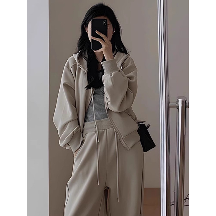 【整套】連帽衛衣顯瘦減齡闊腿褲兩件套裝