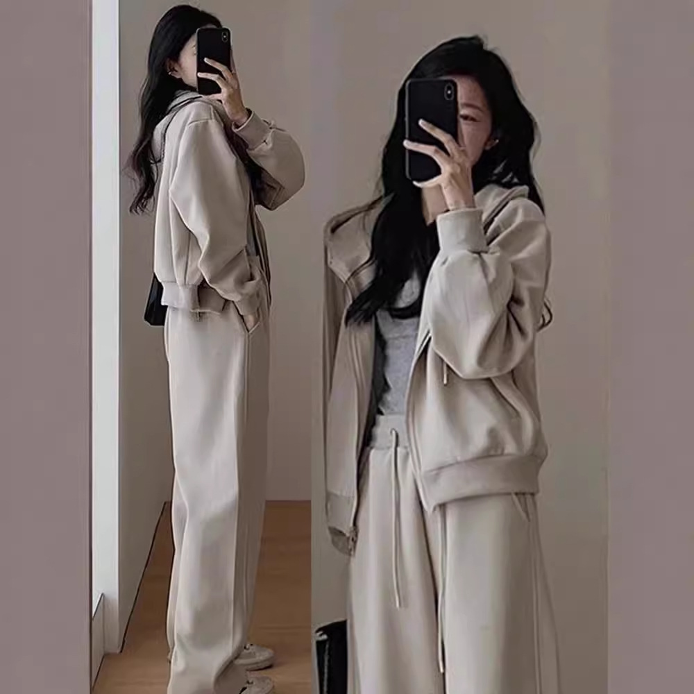 【整套】連帽衛衣顯瘦減齡闊腿褲兩件套裝