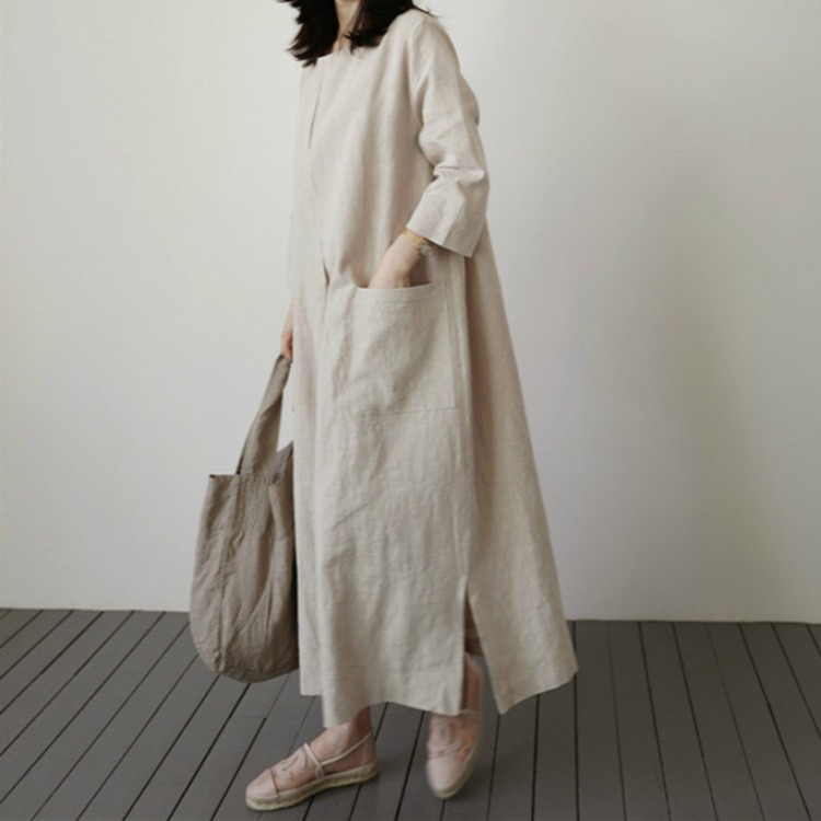 棉麻寬鬆韓版時尚大口袋中長休閒洋裝
