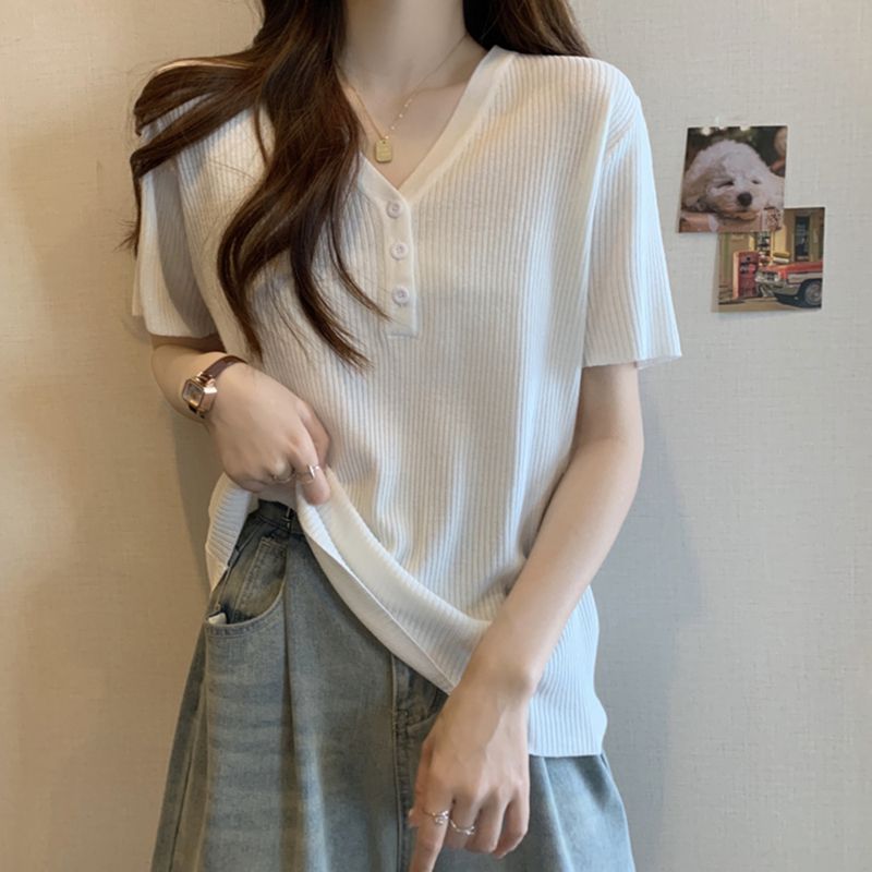 冰絲正肩寬鬆顯瘦遮肚子氣質V領短袖t恤-lululam