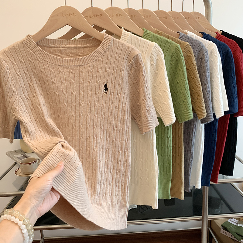 軟糯親膚小馬刺繡麻花針織衫百搭短袖
