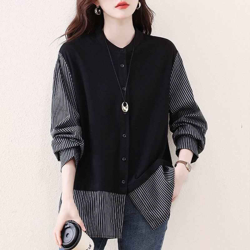 時尚條紋拼接寬鬆遮肉假兩件襯衫-lululam