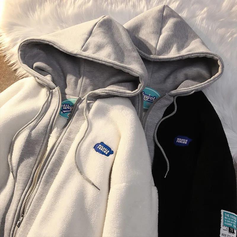 美式復古寬鬆羊羔絨棉服刷毛加厚連帽外套