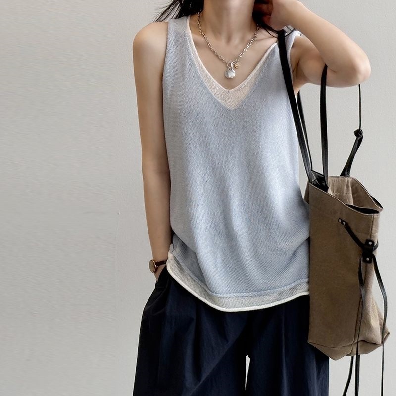 韓版撞色假兩件V領時尚吊帶背心