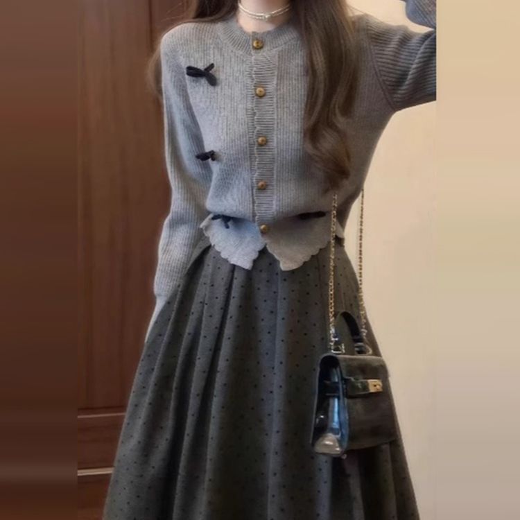 【單件/套裝】立體蝴蝶結針織開衫+波點半身裙兩件套裝