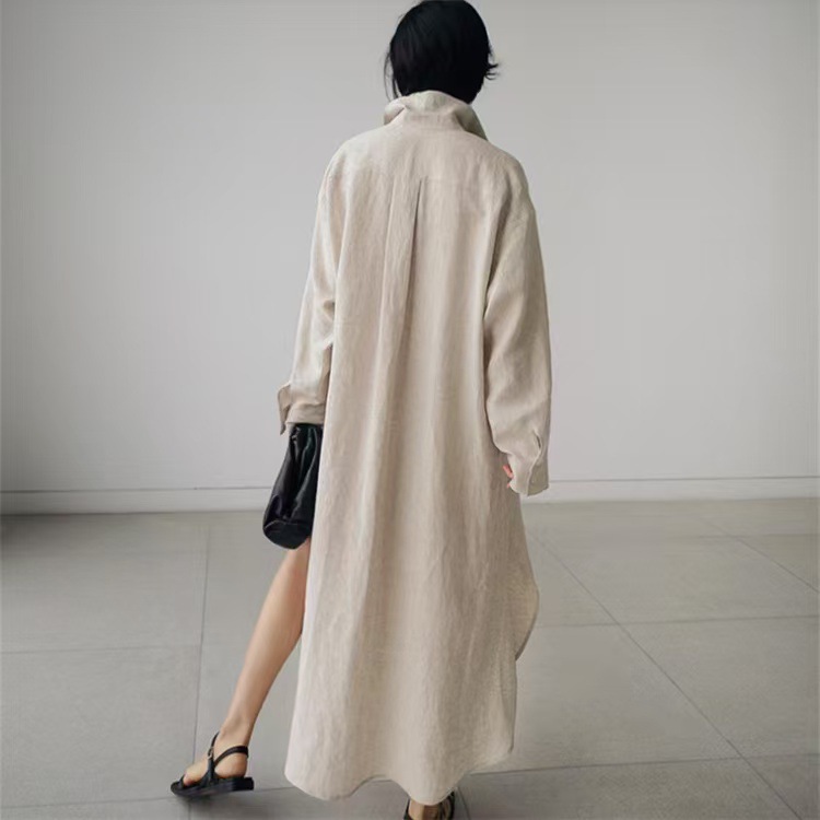 寬鬆休閒文藝顯瘦素色氣質翻領洋裝-lululam