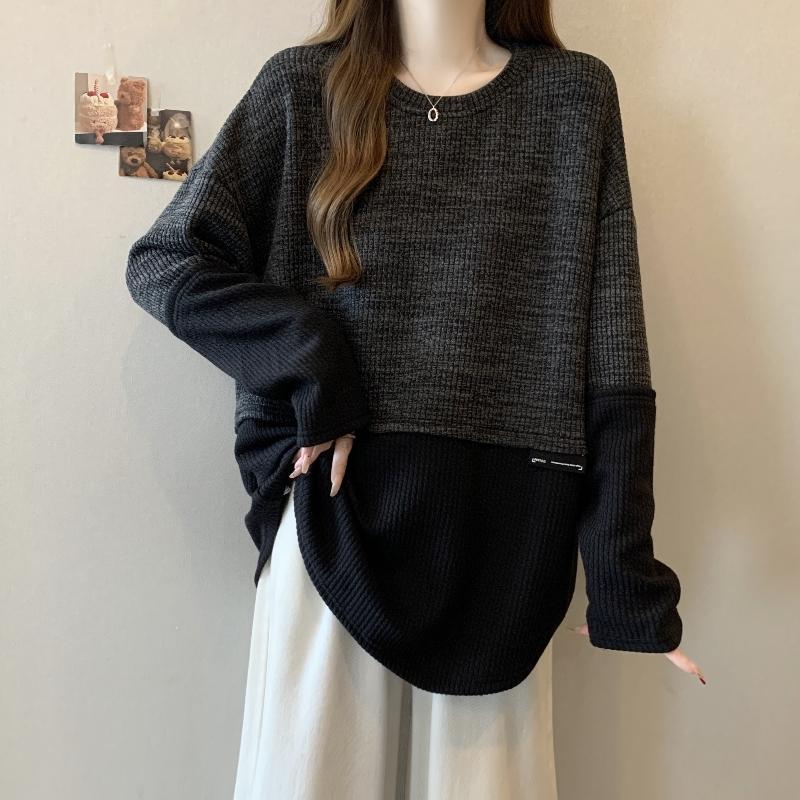 2色設計感拼接寬鬆慵懶撞色長袖T恤-lululam