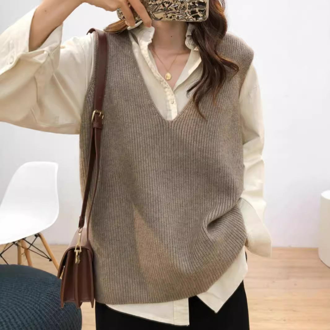 V領純色百搭寬鬆顯瘦針織無袖馬甲-lululam