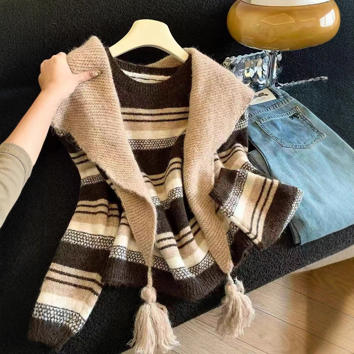 【整套】正肩疊穿針織衫披肩條紋兩件套