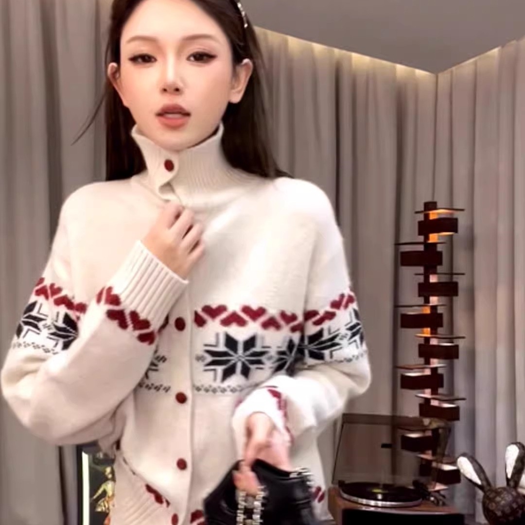 提花高領毛衣寬鬆顯瘦疊穿針織開衫