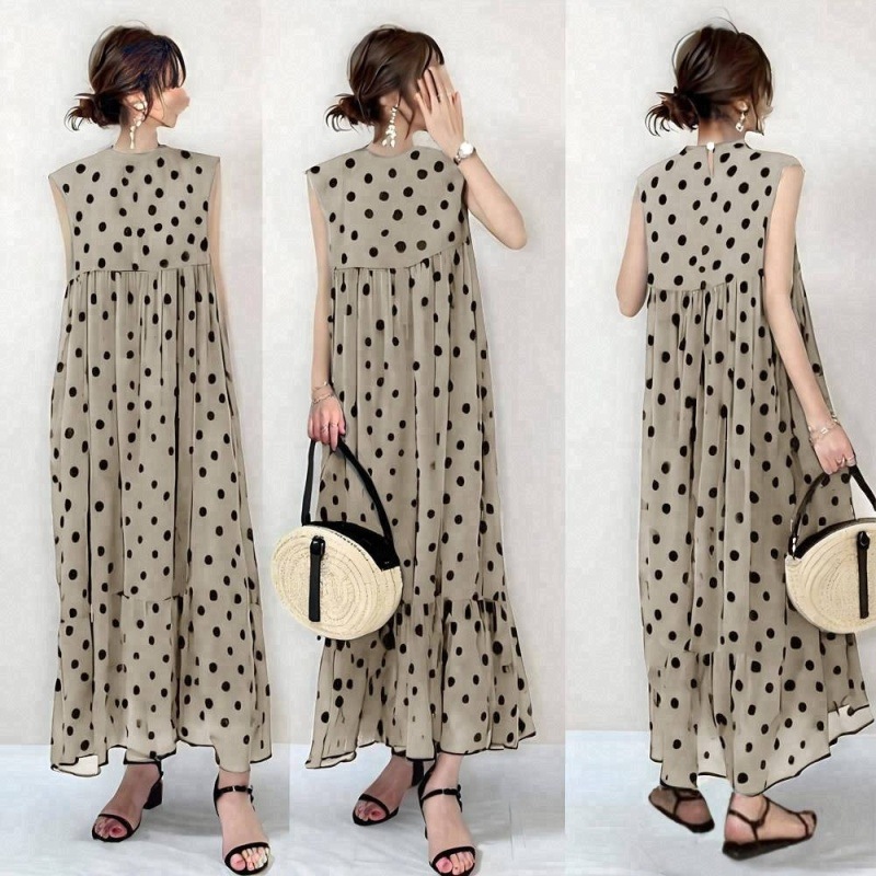 原創日系休閑圓領無袖波點帶里布A字洋裝-lululam