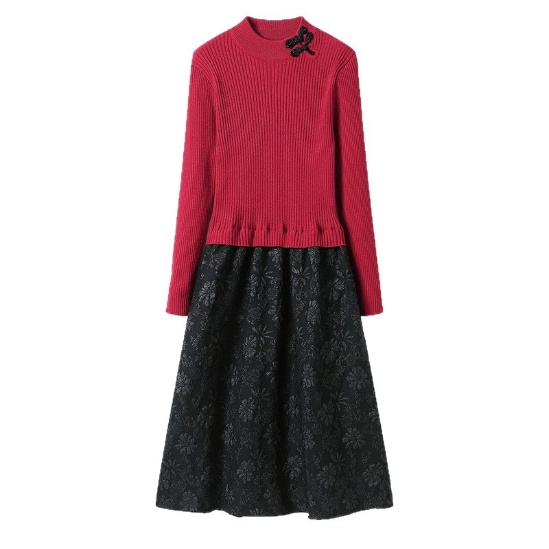 顯瘦過膝假兩件刺繡拼接針織洋裝