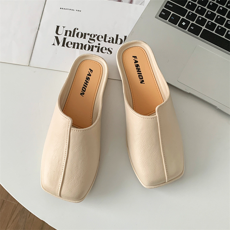 時尚純色日常休閑低跟包頭涼拖鞋-lululam