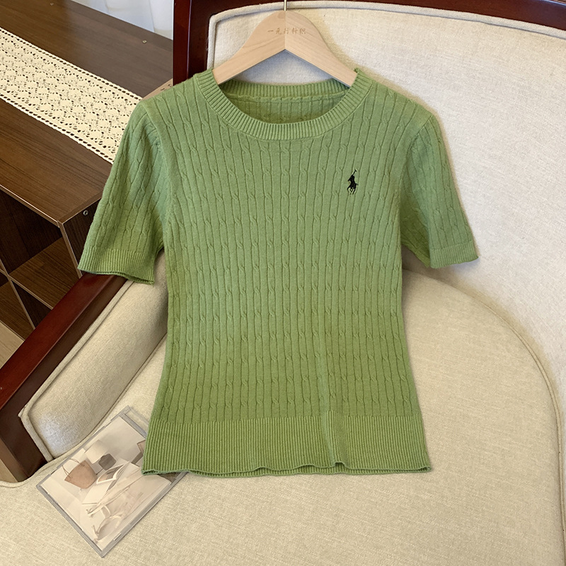 軟糯親膚小馬刺繡麻花針織衫百搭短袖