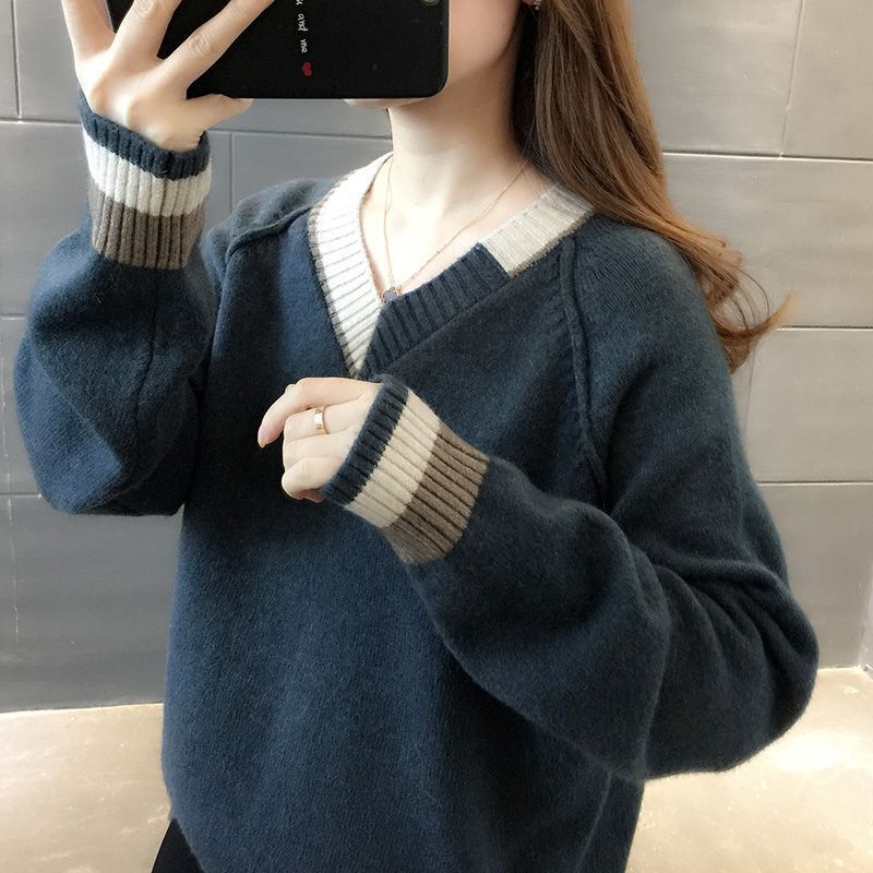 韓版寬鬆顯瘦套頭撞色v領針織衫