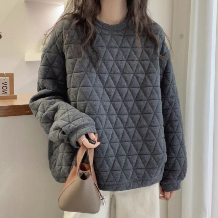 慵懶風加厚保暖寬鬆菱格夾棉上衣