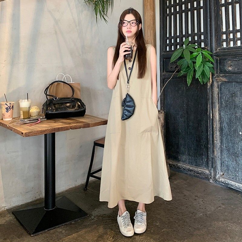 無袖寬鬆度假大口袋休閒卡其A字長版洋裝
