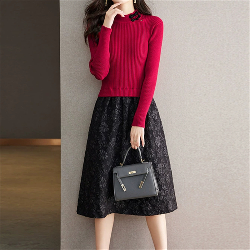 顯瘦過膝假兩件刺繡拼接針織洋裝