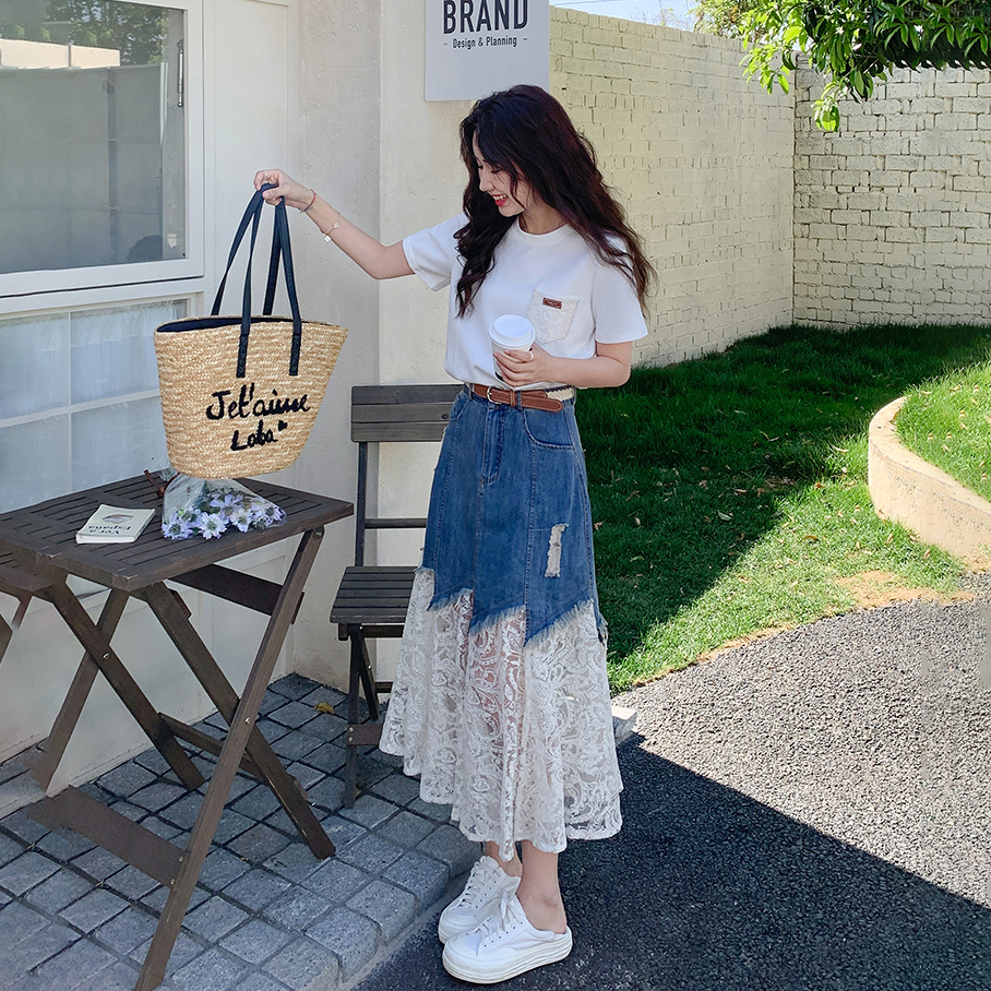 【單件/套裝】氣質流行短袖T恤+蕾絲拼接牛仔半身裙兩件套裝-lululam