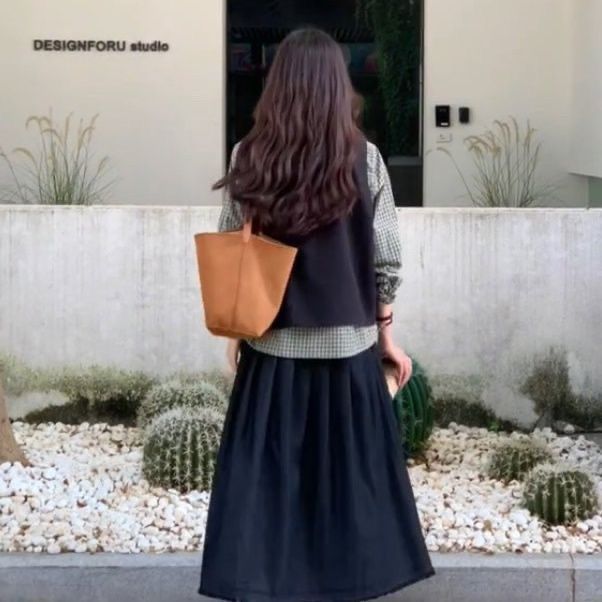 【單件/套裝】舒適格子襯衫+設計感馬甲+休閑半身裙三件套裝-lululam