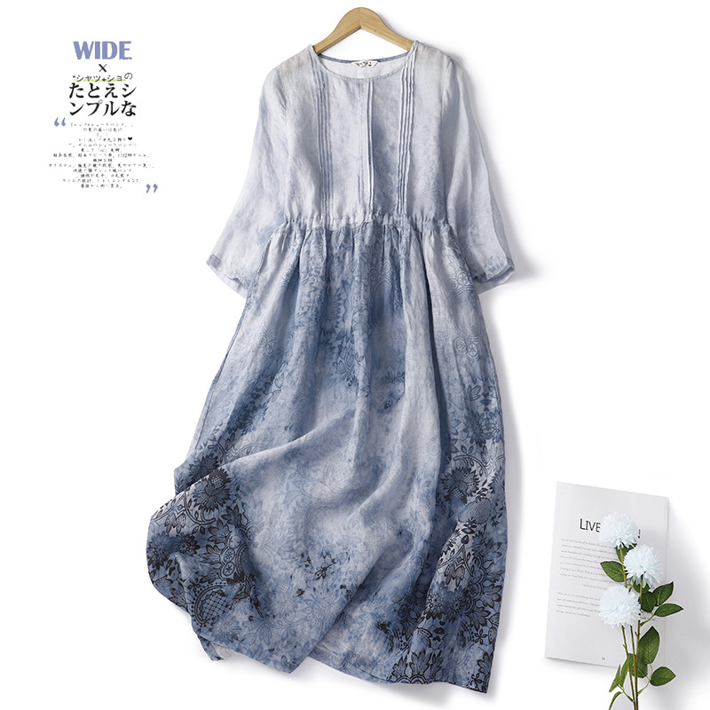 苧麻印花圓領七分袖高腰顯瘦文藝洋裝-lululam