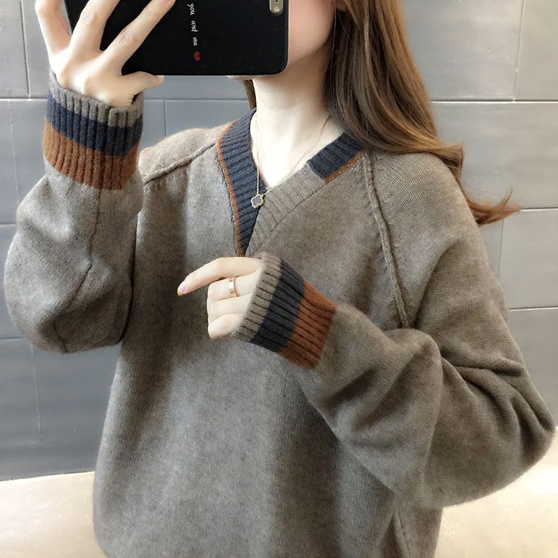 韓版寬鬆顯瘦套頭撞色v領針織衫