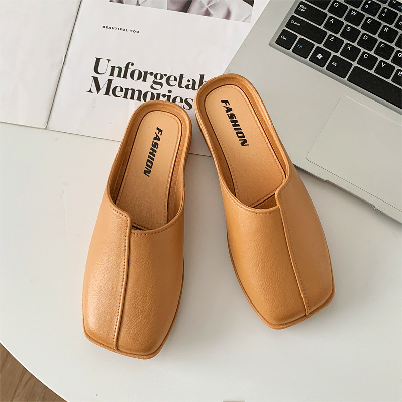 時尚純色日常休閑低跟包頭涼拖鞋-lululam