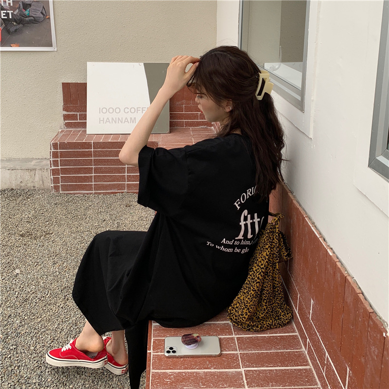 純棉bf風寬鬆休閑中長款大碼過膝連身裙-lululam